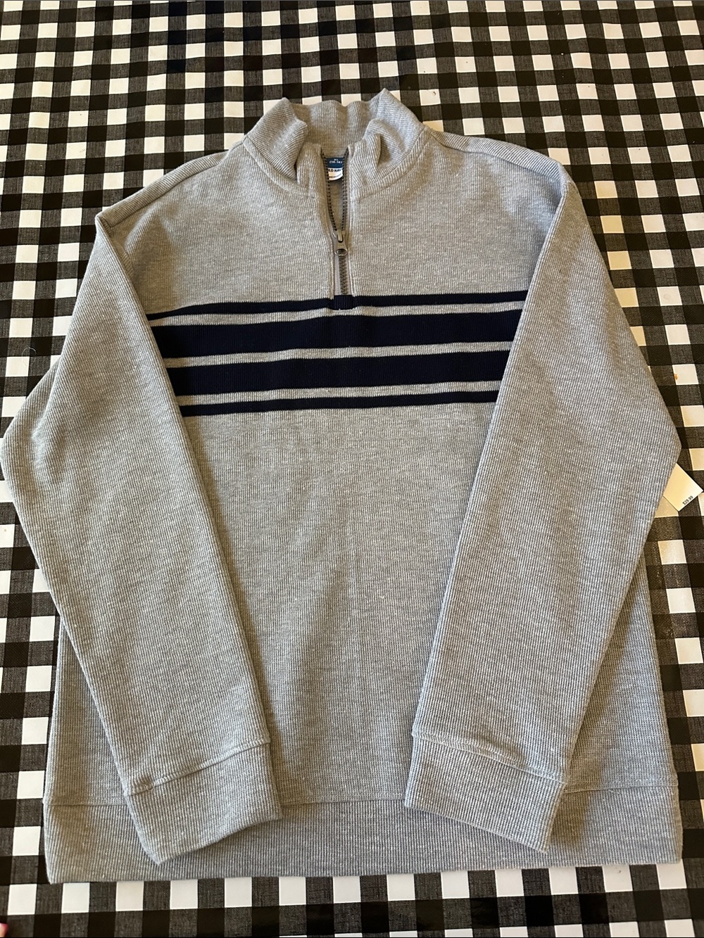 Old Navy Boy’s Gray Quarter-Zip Sweater with Navy Stripe Bands